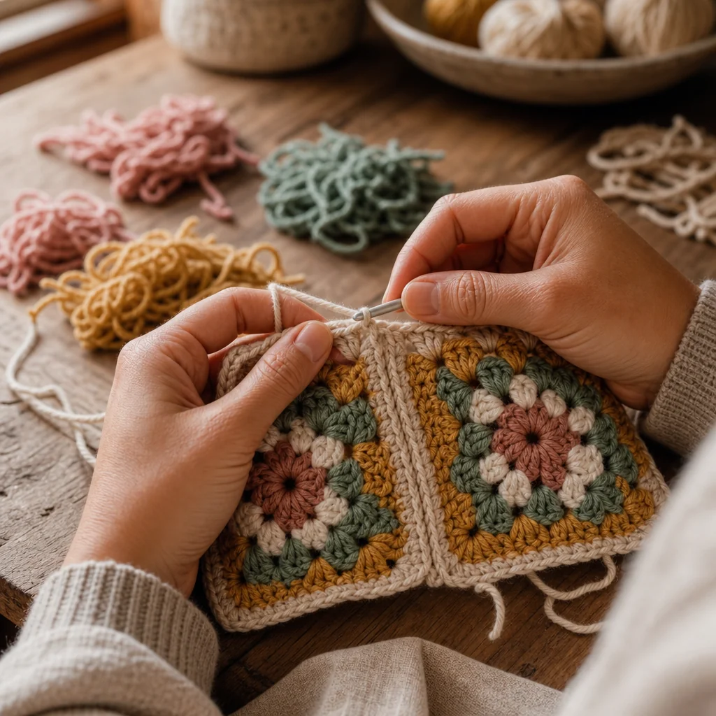 Close-up of hands joining two granny square motifs together using a flat join, with sorted yarn scraps nearby