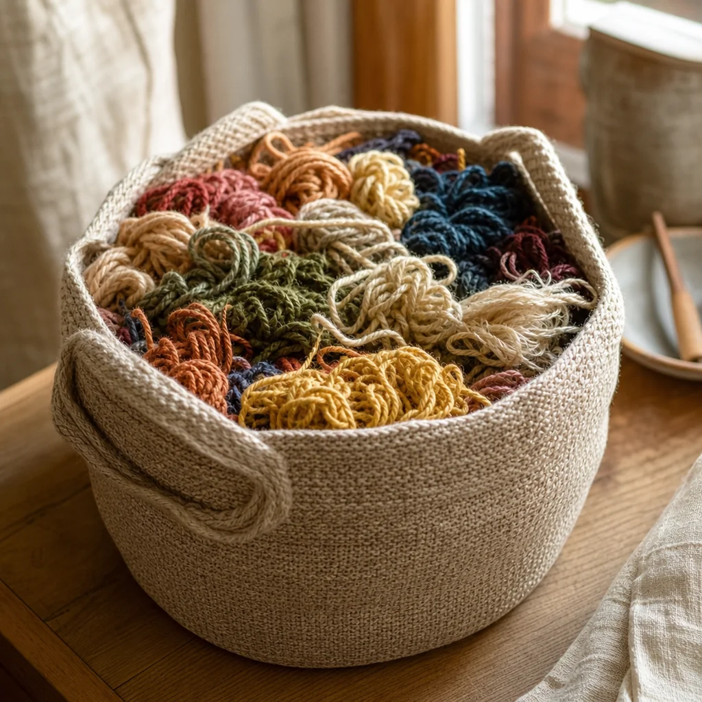 A woven basket overflowing with colorful leftover yarn scraps sitting on a sunlit wooden table