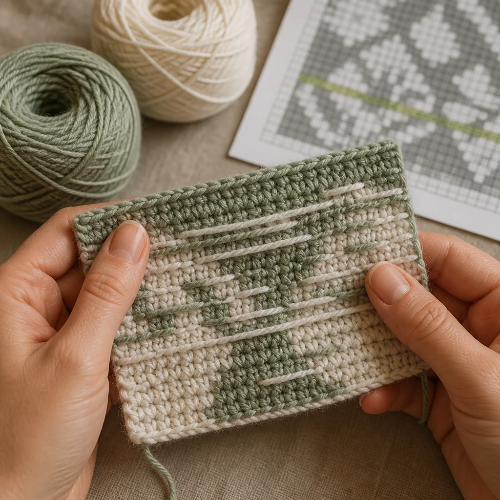 Close-up of tapestry crochet wrong side showing carried yarn strands with a highlighted colorwork chart in the background