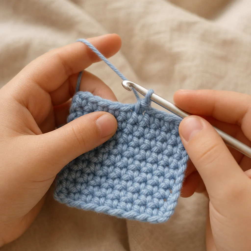 Small hands holding light blue yarn and aluminum hook while crocheting a slightly uneven blue square coaster
