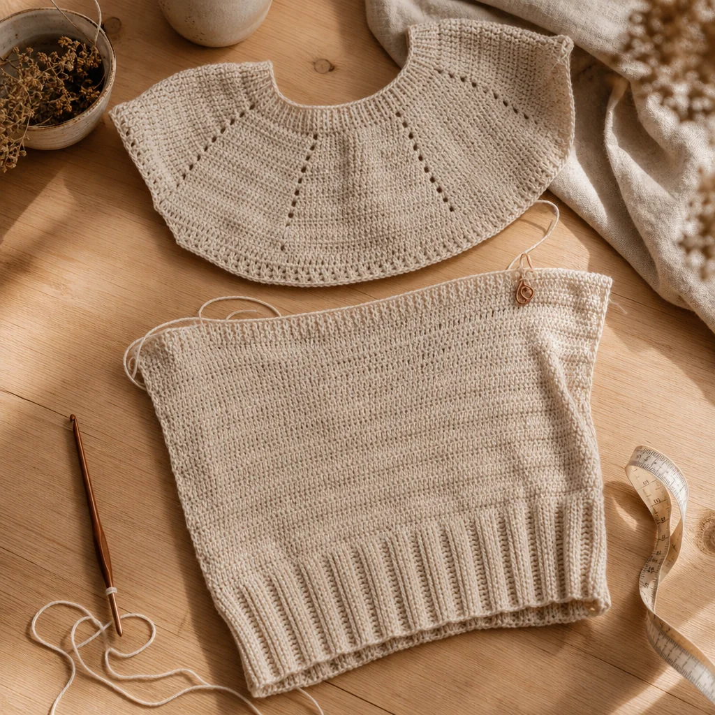 Cream colored handmade crochet sweater with raglan yoke construction draped over wooden chair in natural sunlight