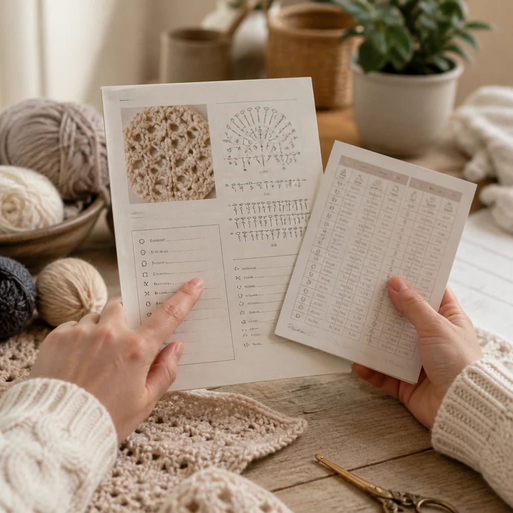 Hands holding a crochet pattern and reference guide, pointing to the abbreviation section with a crochet hook and yarn visible on the work surface