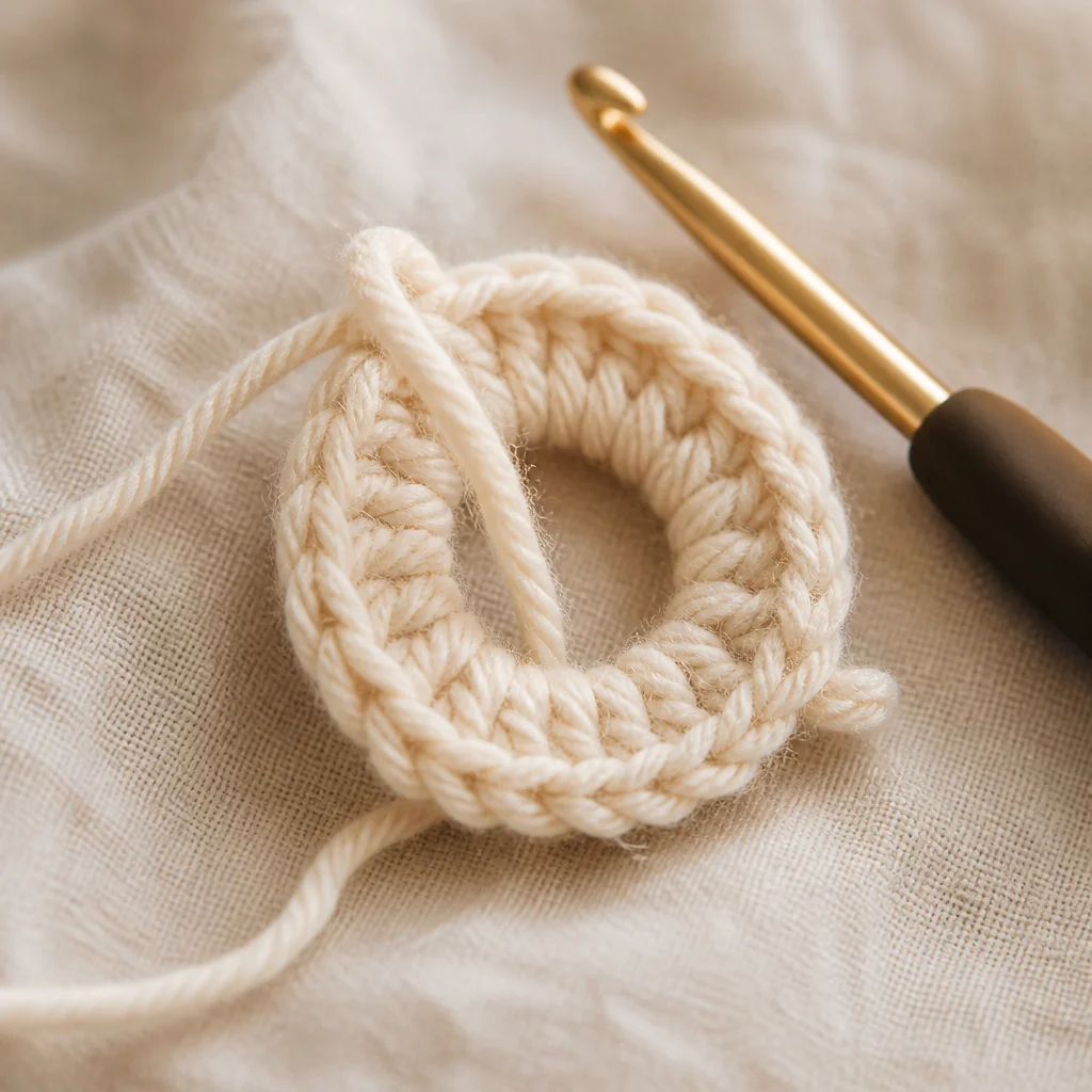 Close-up of a magic circle mid-tightening with single crochet stitches worked around the loop