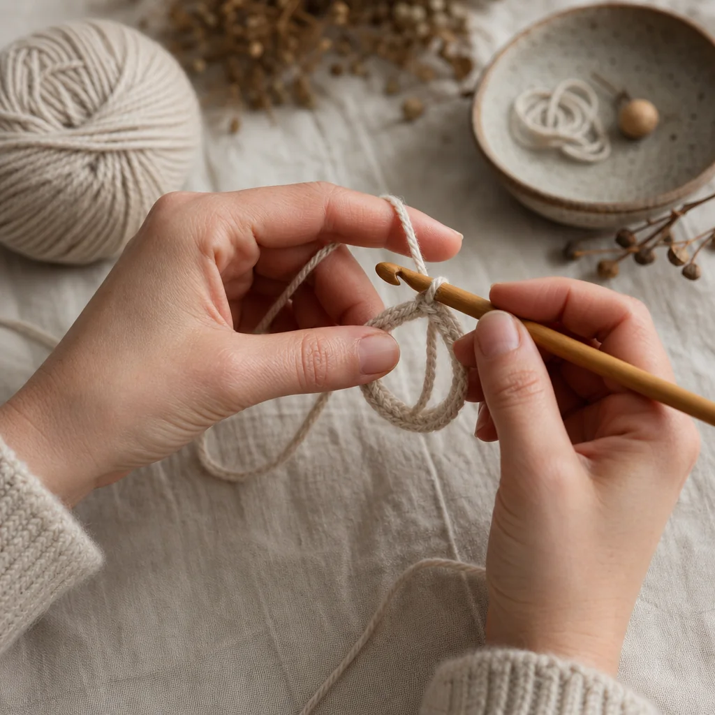 Hands crocheting a magic circle with cream wool yarn and a wooden hook on a linen surface