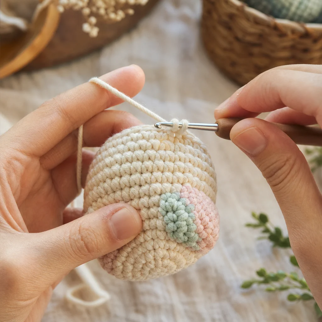 Hands crocheting a cream-colored amigurumi sphere in continuous rounds with a stitch marker, demonstrating tight tension technique
