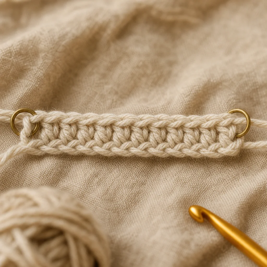 Close-up of hands crocheting with a stitch marker placed in the first stitch of a row