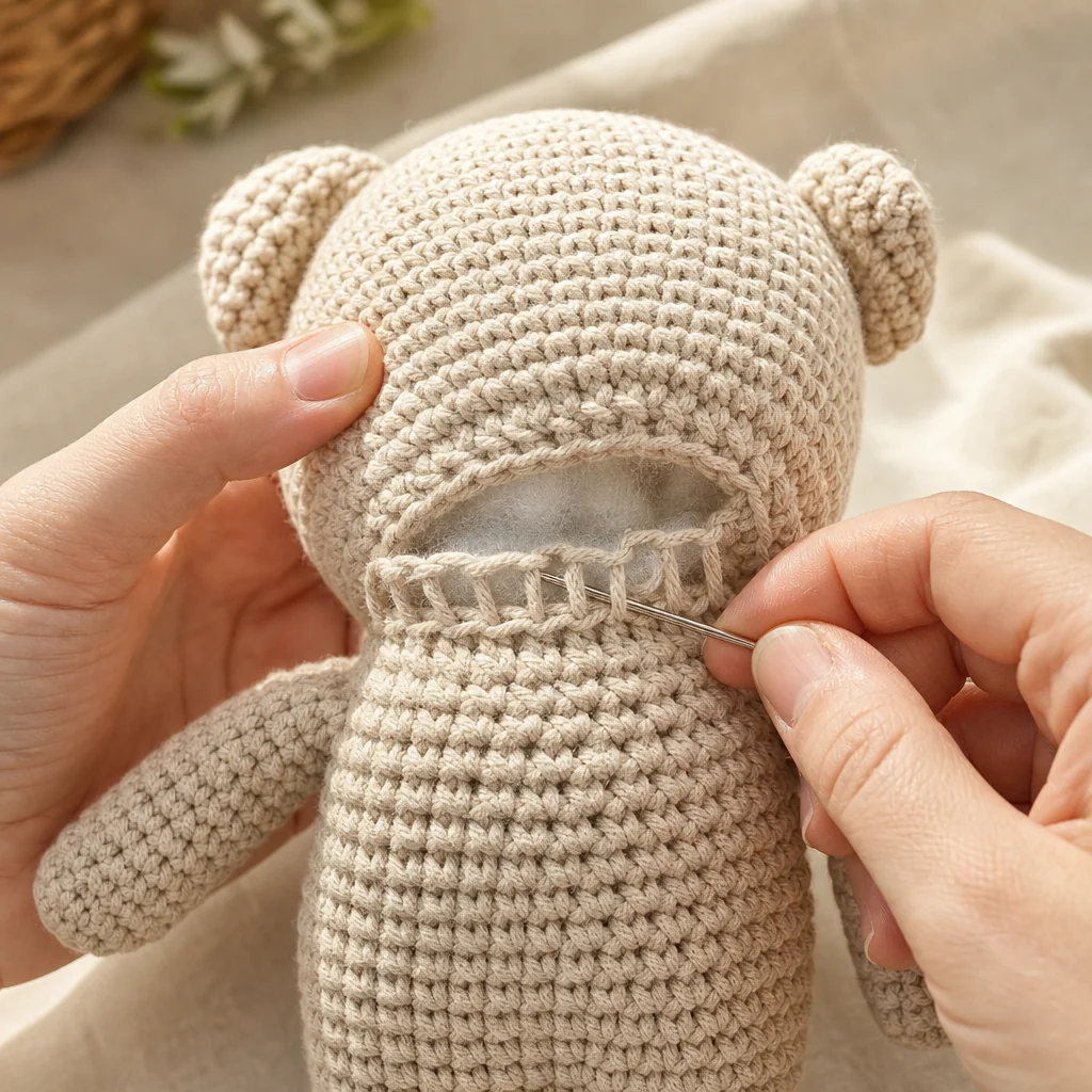 Hands using a wooden chopstick to press small amounts of stuffing into a hollow spot inside a crochet amigurumi head.