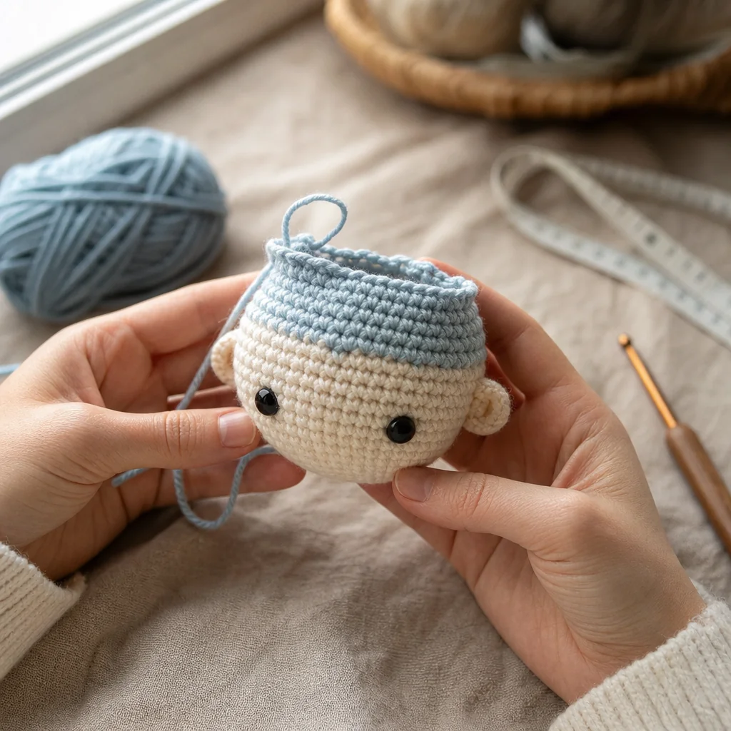 A partially stuffed amigurumi head resting on a linen surface beside a crochet hook, showing tight even stitches.