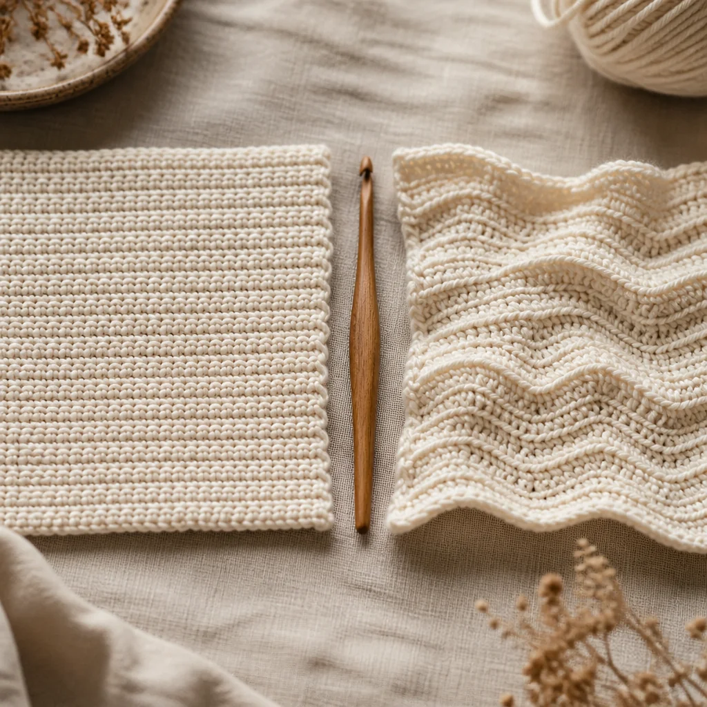 Two cream-colored crochet swatches side by side, one with flat even stitches and one with wavy loose stitches, wooden crochet hook between them