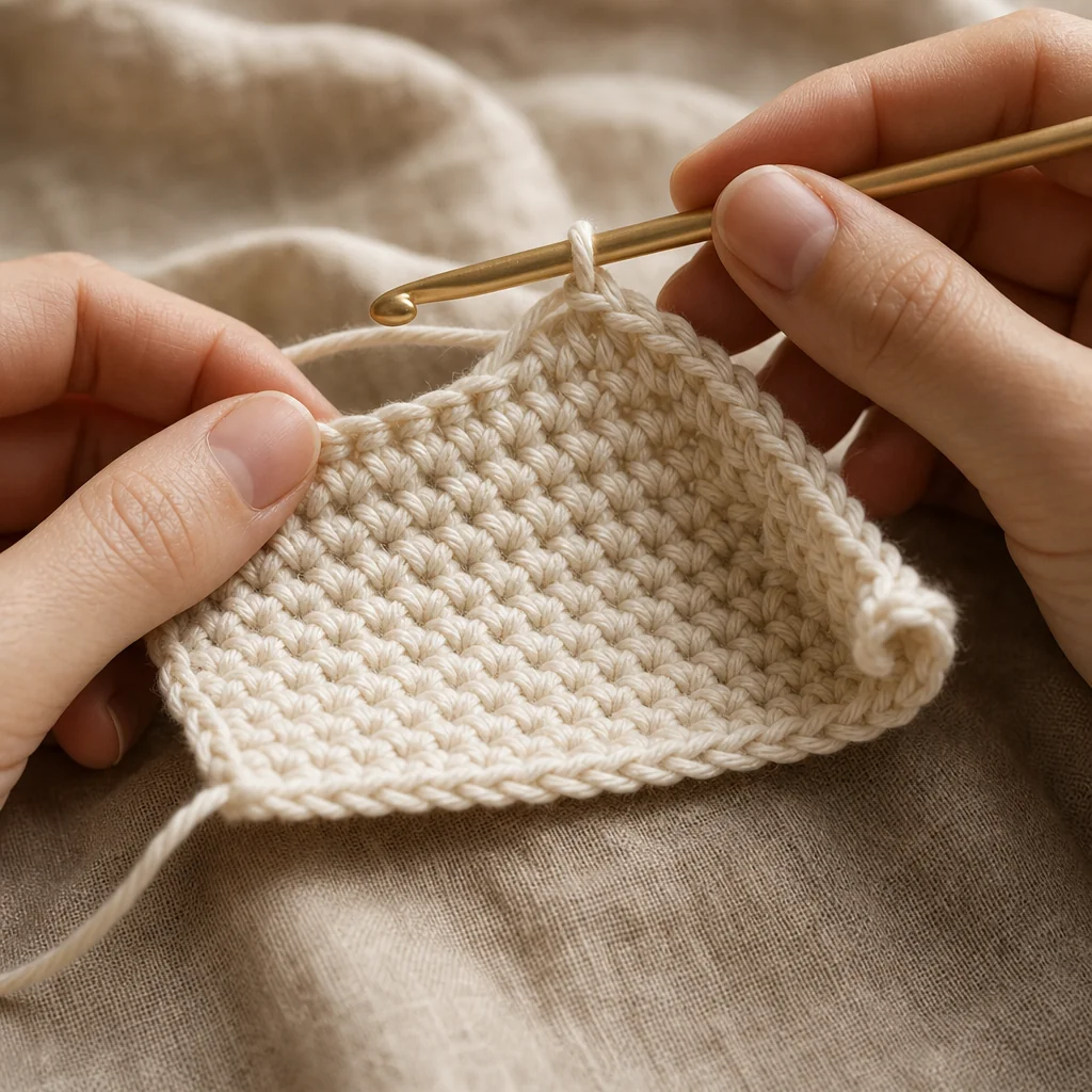 Overhead view of hands crocheting a cream-colored swatch showing one flat edge and one curling edge demonstrating tension problems