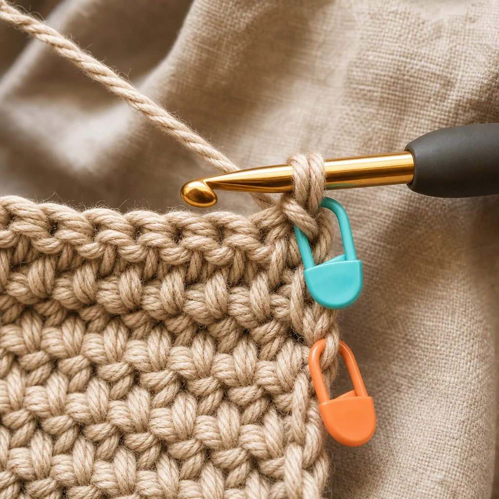 A stitch marker clipped onto the first stitch of a crochet row to help track where each row begins.