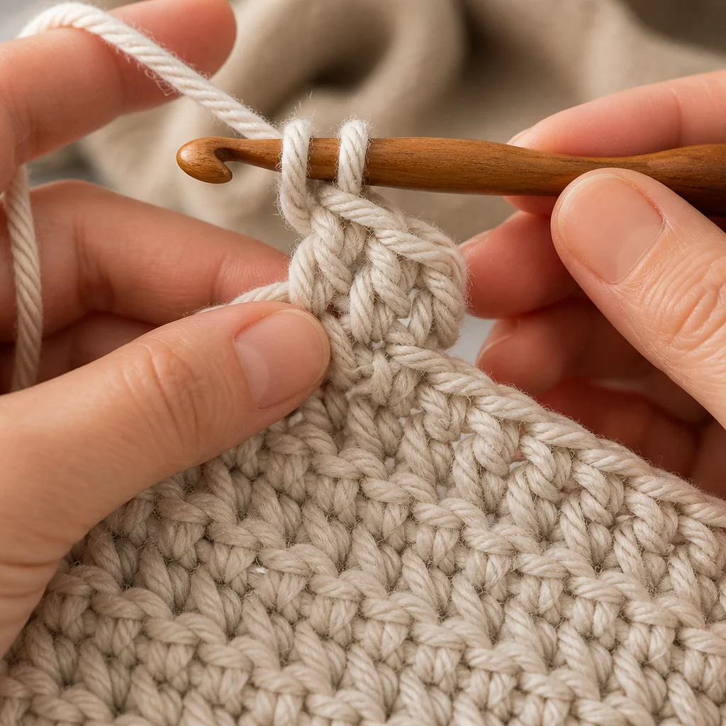 Close-up of medium-weight yarn being crocheted, showing defined stitch detail and the scale of the yarn thickness, with warm natural light highlighting the texture.