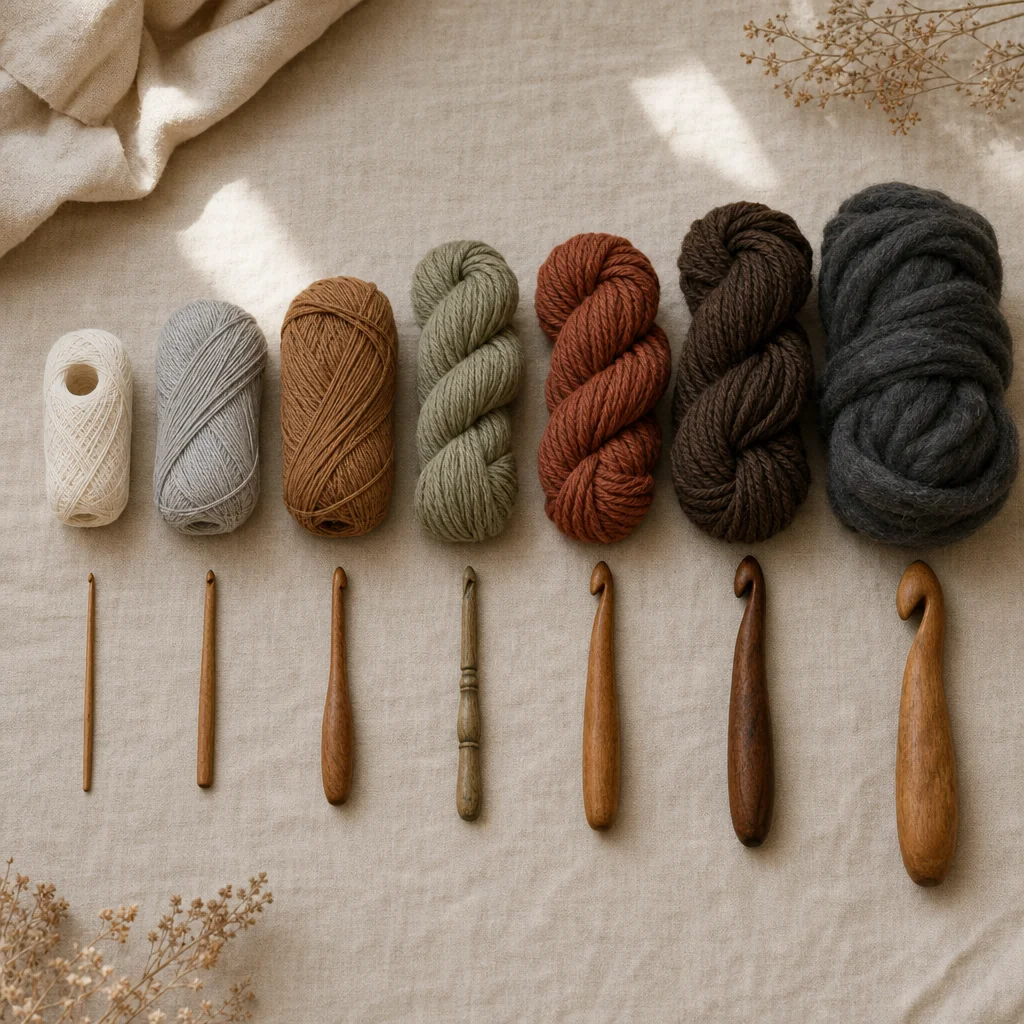 Seven different yarn weights arranged by thickness from finest lace to thick jumbo roving, displayed with matching crochet hooks on a neutral linen background with warm natural light.